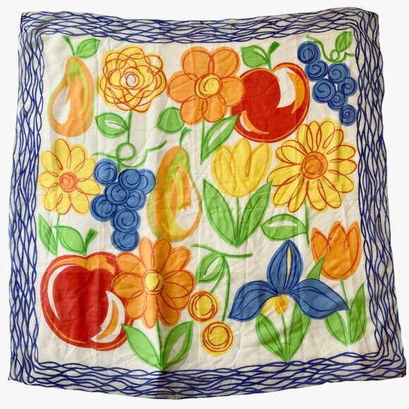 Vintage Fruit Flower Power Scarf Shawl Chiffon 34 X 34" Grapes Apple Tulips - Picture 1 of 10